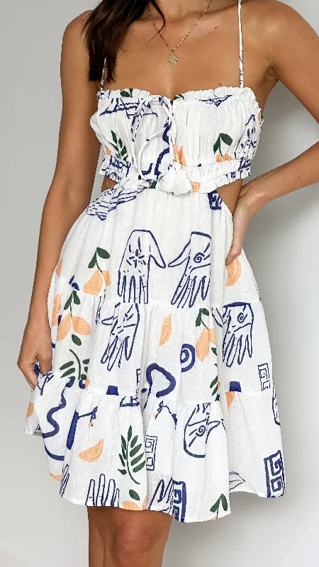Vella Mini Dress - White / Blue Soleil Cozy Cowl Neck Mini Dress