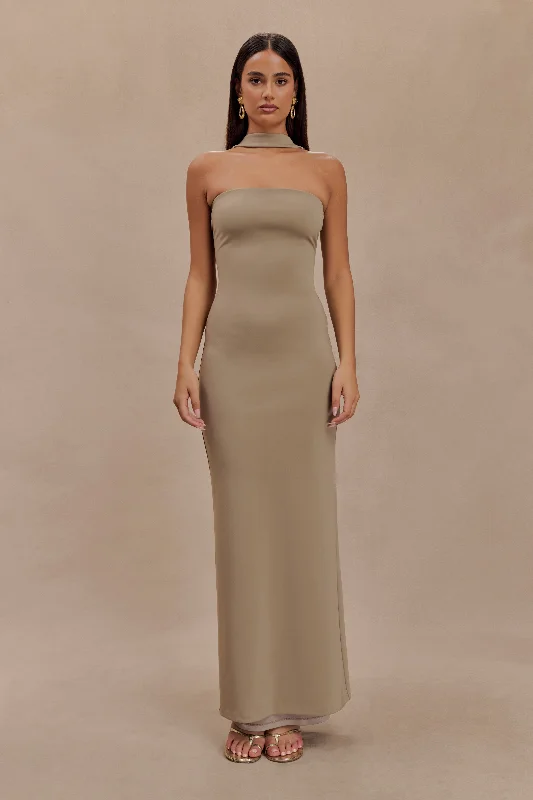 Velma Halter Collar Maxi Dress - Mushroom Trendy Maxi Dress with Belt