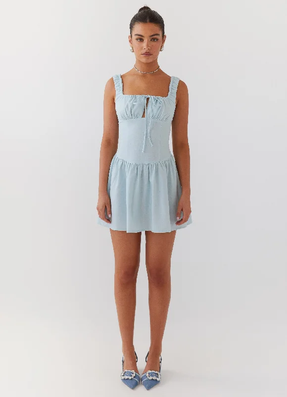Velvet Skies Linen Mini Dress - Powder Blue Trendy Lace Mini Dress