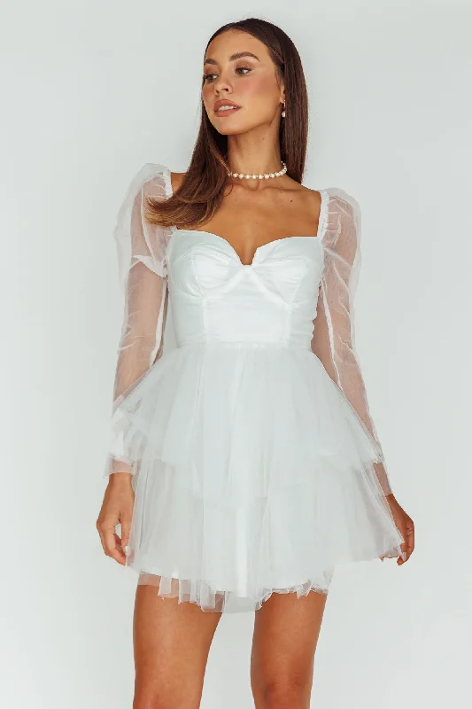 Veola Long Sleeve Tulle Mini Dress White Trendy Mini Dress with Belt