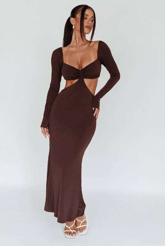 Vienna Long Sleeve Cut-Out Waist Maxi Dress Chocolate Elegant Boho Maxi Dress
