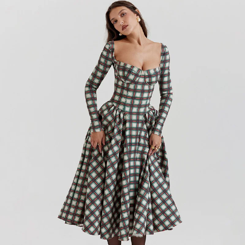 Vintage Bustier Tartan Pattern Pleated Winter Long Sleeve Midi Dress Fashionable Skater Midi Dress