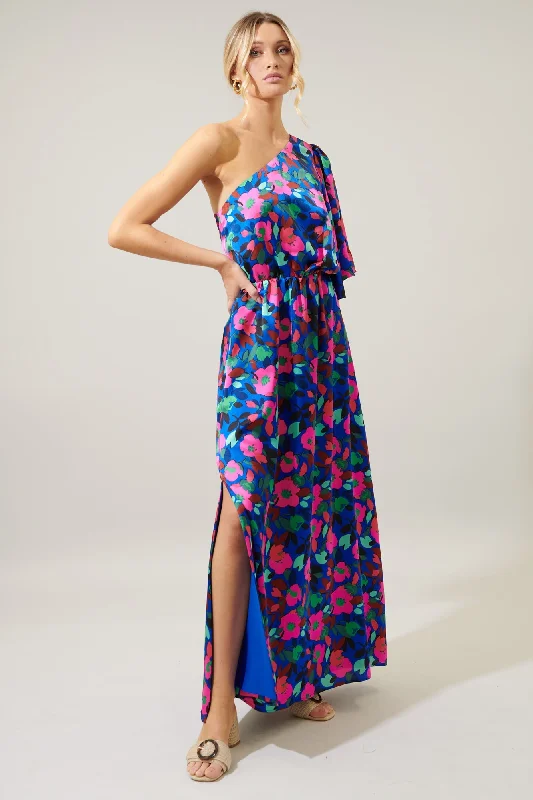 Vivi Berry Floral Meara One Shoulder Satin Maxi Dress Chic Boho Print Maxi Dress