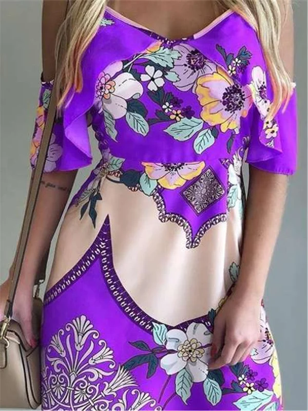 V Neck Off Shoulder Ethnic Print Mini Dress Casual V-Neck Mini Dress