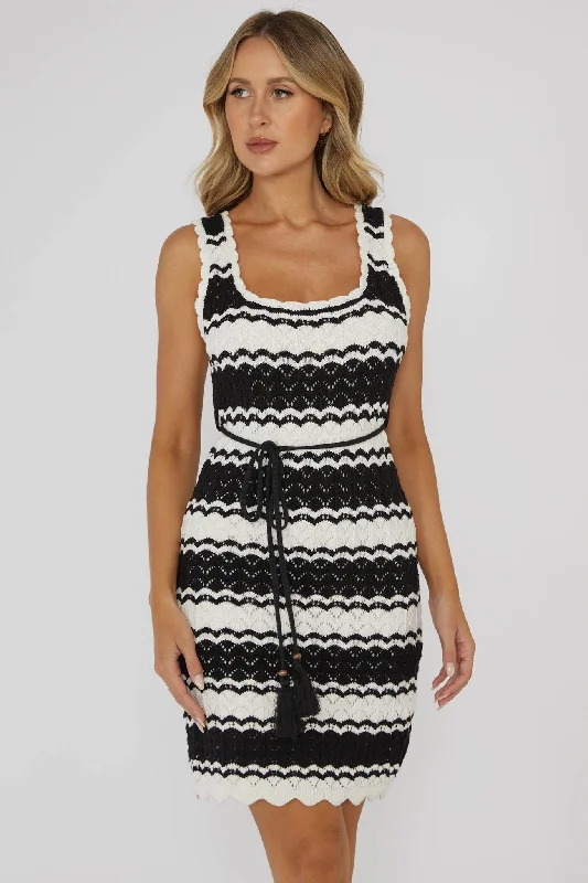 Wander Lust Crochet Mini Dress Striped Black Comfortable One-Shoulder Mini Dress