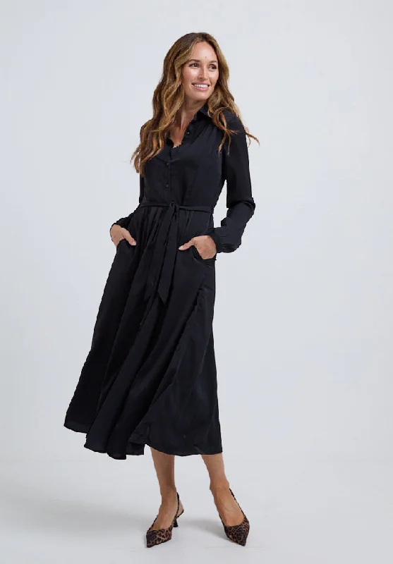 Willow Button Down Midi Dress In Black Stylish Pleated Skirt Midi Dress