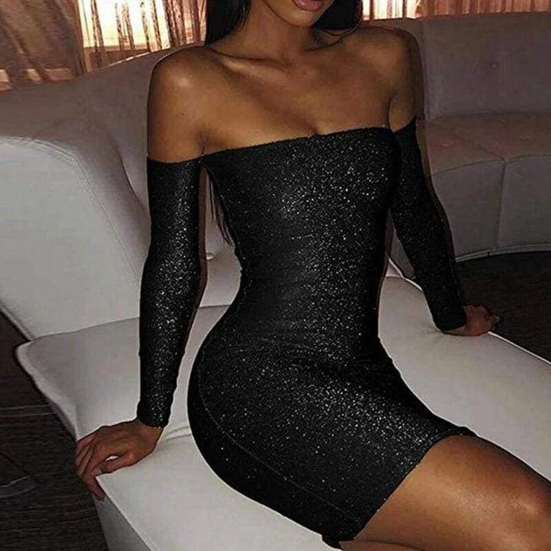 FashionSierra - Women Bling Bodycon Mini Dress Elegant Strapless Off Shoulder Long Sleeve Party Club Short Ladies Dresses Comfortable Bodycon Mini Dress