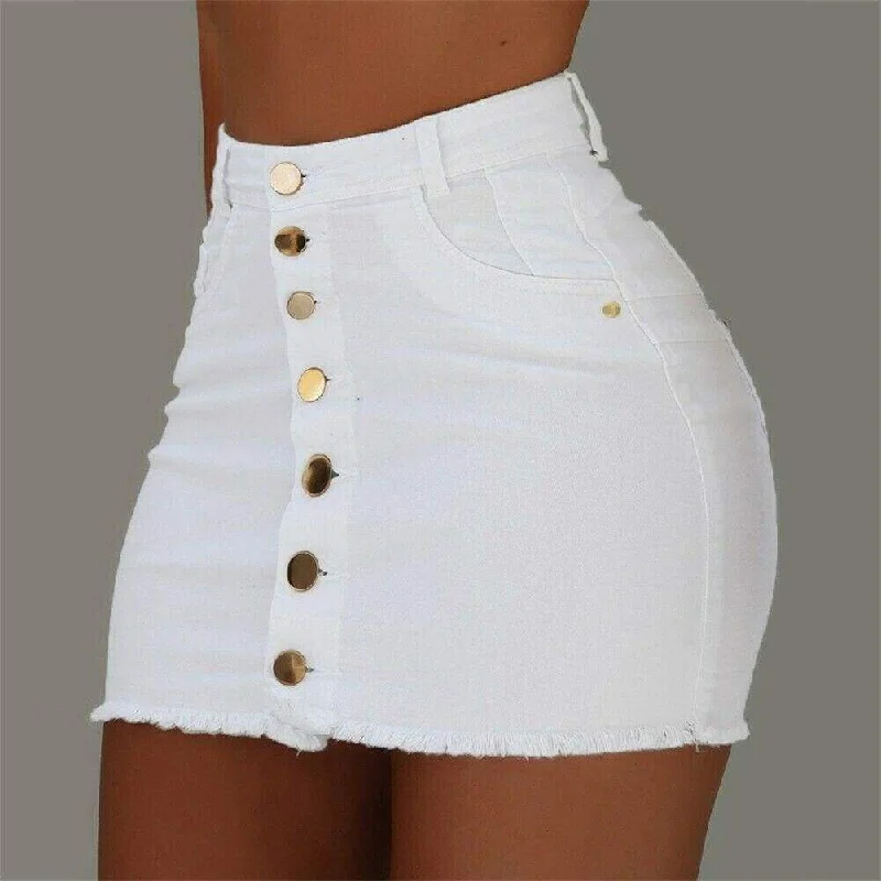 FashionSierra - High Waist Button Skirt Denim Jean Bodycon Casual Party A-line Short Stretch Mini Dress Comfortable Shift Mini Dress