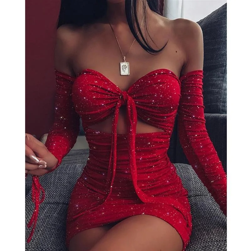 FashionSierra - Women Off Shoulder Glitter Dress Long Sleeve Solid Sexy Party Strapless Mini Dresses Bust Tied Bodycon Ruched Dresses Vestidos Modern Satin Mini Dress