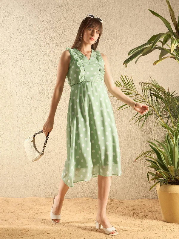 Women Olive Polka Dot Midi Dress Fashionable Floral Embroidery Midi Dress