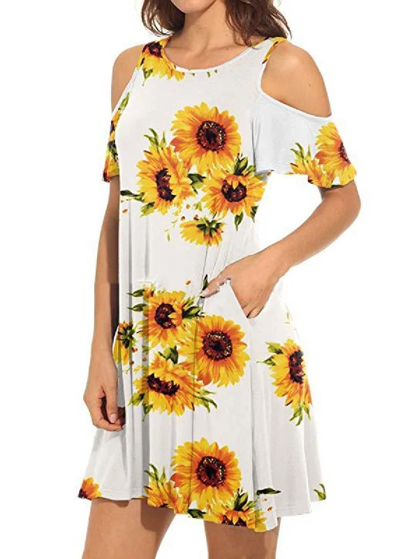 Women Sunflower Crew Neck Mini Dresses Elegant Satin Lace Mini Dress