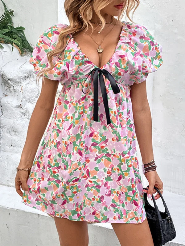 BerryBetty - Women's Floral Puff Sleeve Mini Dress Fashionable Summer Mini Dress