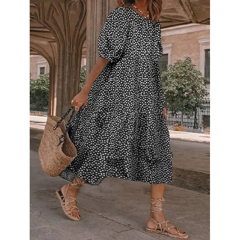 Women's Ruffled Patchwork Print Midi Dress Chic Off-Shoulder Midi Dress