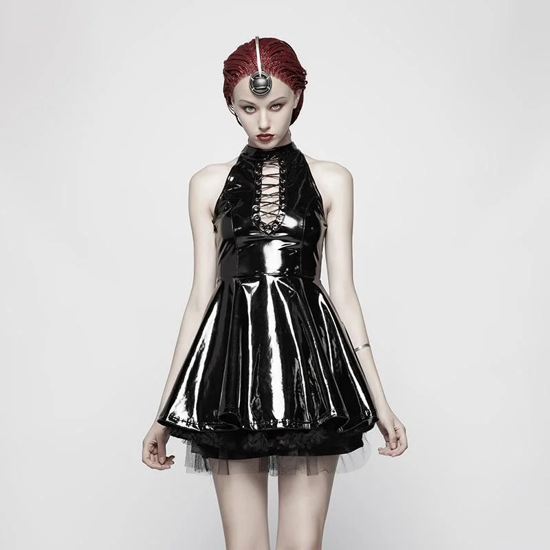Women's Steampunk Latex Halterneck Mini Dress Halloween Costume Elegant Silk Mini Dress