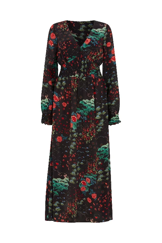 Pearl Ruched Waist Wonderland Print Midi Dress In Black Comfortable Adjustable Strap Midi Dress