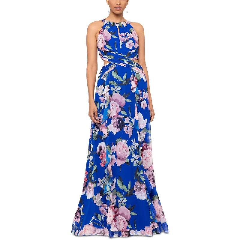 Xscape Womens Chiffon Floral Print Maxi Dress Comfortable Ruffle Hem Maxi Dress