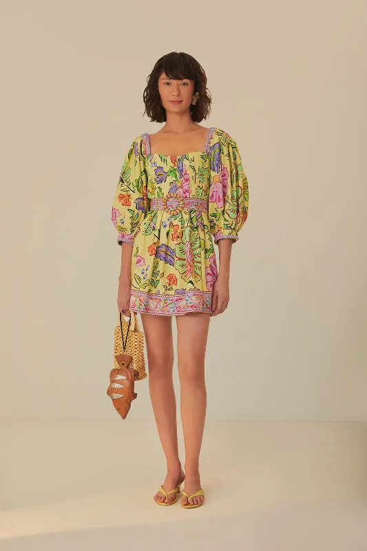Yellow Floral Insects Short Sleeves Mini Dress Comfortable Bodycon Mini Dress