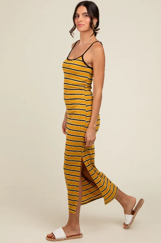 Yellow Striped Ribbed Side Slit Midi Dress Stylish Button-Up Midi Dress