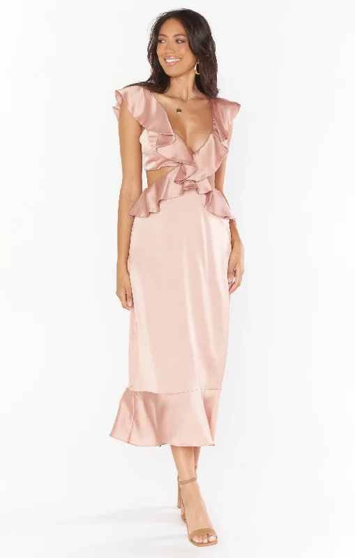 Zoey Midi Dress ~ Rose Gold Luxe Satin Trendy Bodycon Midi Dress