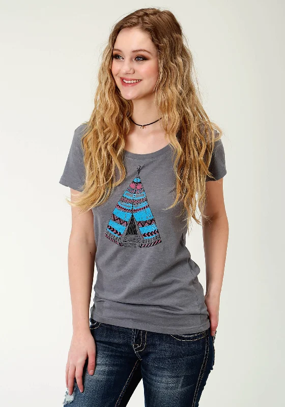 WOMENS GREY SOLID WITH TEEPEE PRINT SHORT SLEEVE KNIT TOP Hooded Caped Shawl Collar