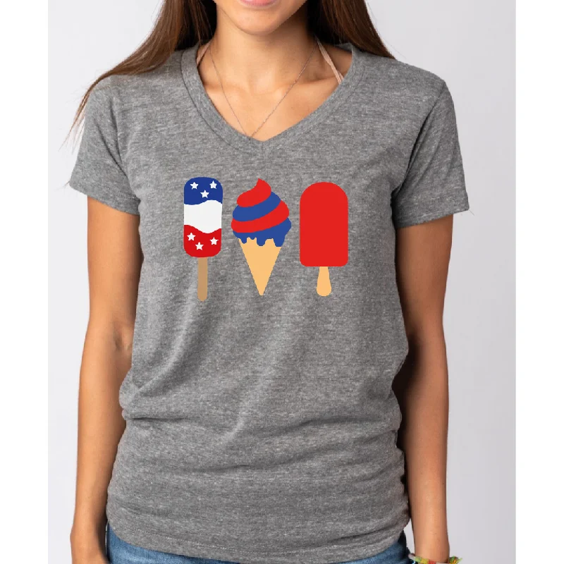 4th of July Popsicles Independence Day themed Women's Ideal V-Neck Tee Collared Crew Neck Turtle Neck