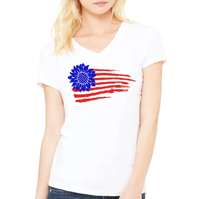 4th of July Sunflower Flag Independence Day themed Women's Ideal V-Neck Tee Nylon Fabric Polyester Fabric Spandex Fabric