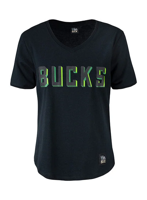 Women's Bucks In Six 3D Wordmark Milwaukee Bucks V-Neck T-Shirt Mesh Blend Leather Blend Suede Blend