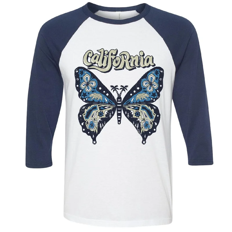 California Butterfly Baseball Tee Collared T-Shirt Boat Neck A-Line