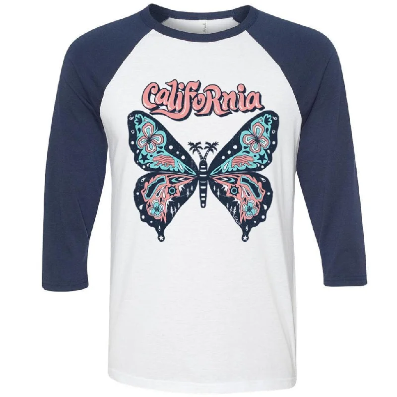 California Butterfly Navy Baseball Tee Anti-Pilling Machine Wash Handmade