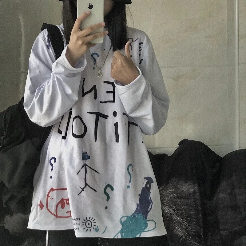 Casual Letter Print O-neck Stripe Tees Creativity Loose T-shirts Graphic T-Shirt Round Neck Polyester