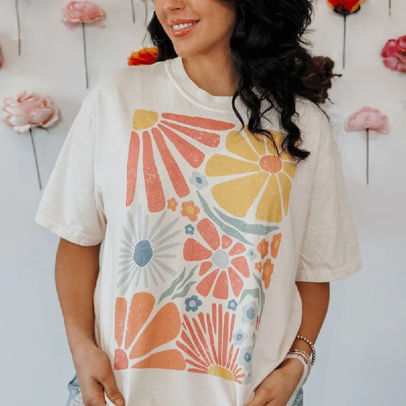 Colorful Retro Flowers Tee Hooded Caped Shawl Collar