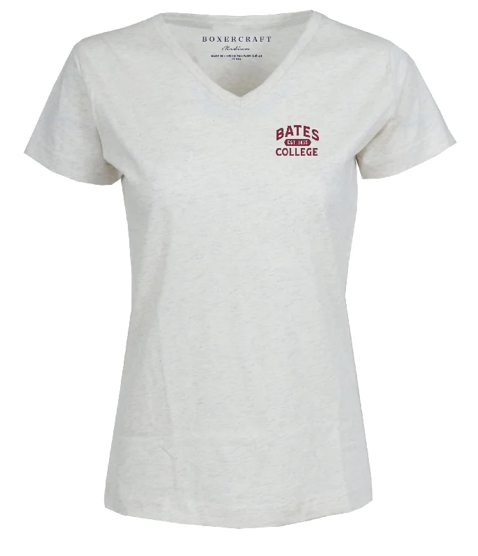 Boxercraft, Ladie's V-Neck Tee with BATES COLLEGE Est 1855 Icon Beaded Sequined Faux Fur