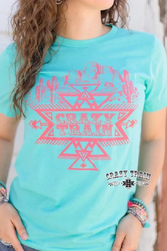 Crazy Train Turquoise Seabreeze Saguaro Graphic Tee Zippered Front Buttoned Front Snap Front