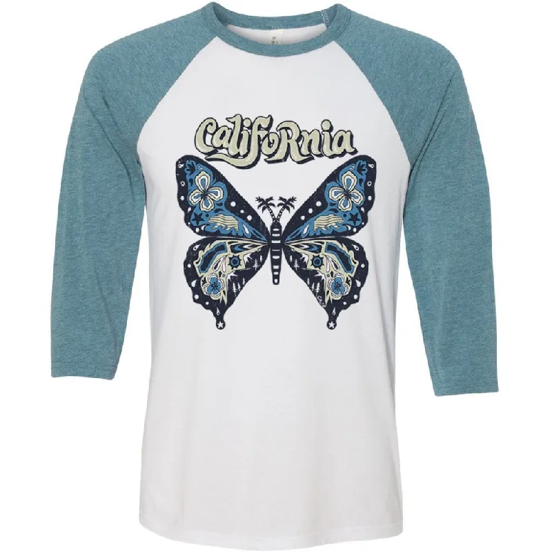 California Butterfly Denim Baseball Tee Notch Collar Peter Pan Collar Cowl Neck