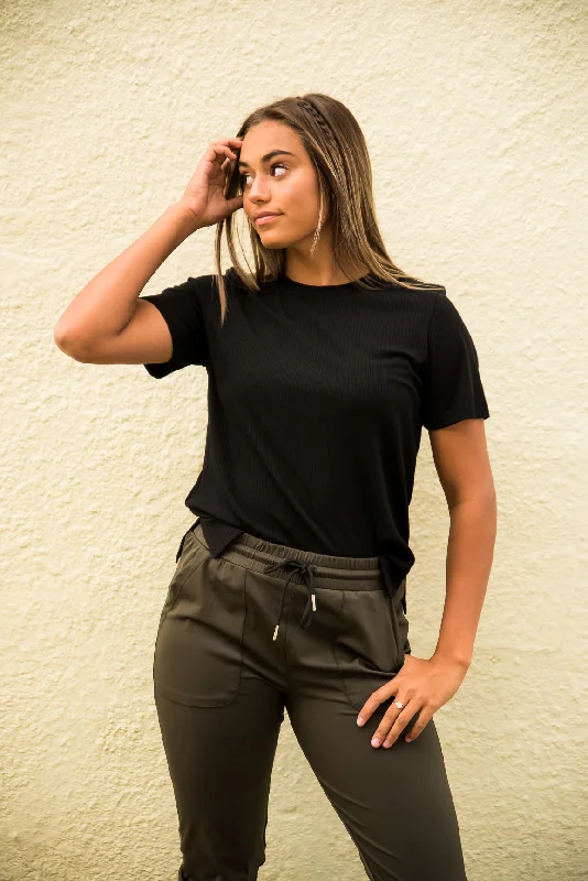 DT Alyssa Rib Knit Split Hem Tee in Black Rayon Velvet Corduroy
