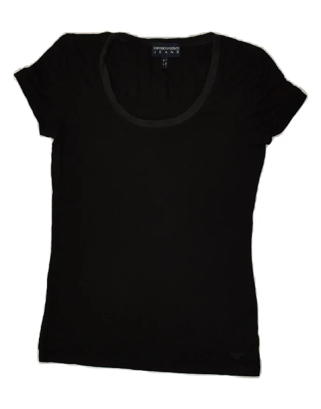 EMPORIO ARMANI Womens T-Shirt Top UK 8 Small Black Viscose Mesh Blend Leather Blend Suede Blend