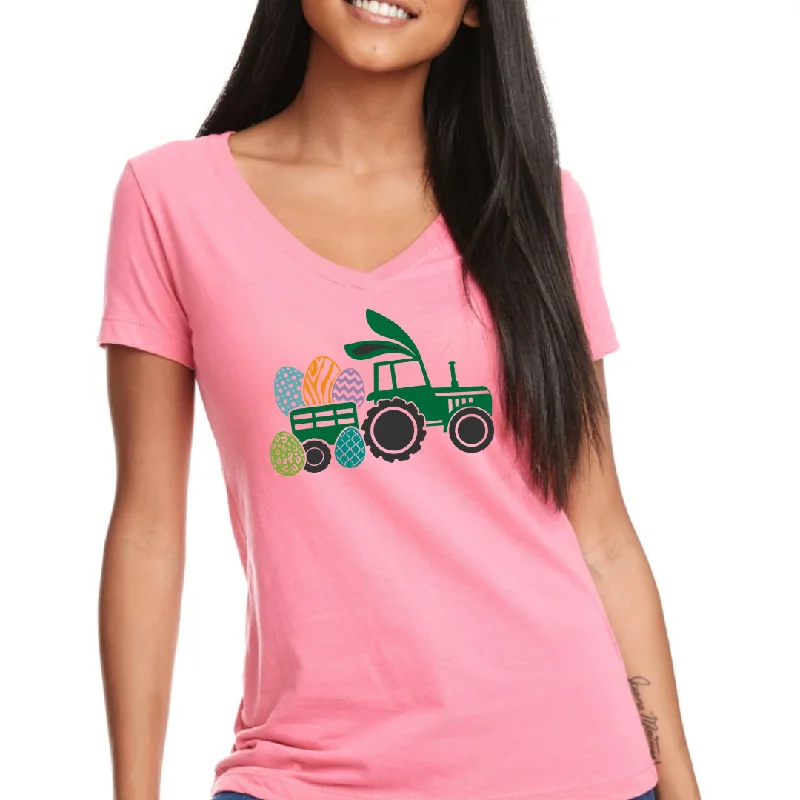 Holiday Tractor Easter themed Women's Ideal V-Neck Tee Mesh Canvas Denim