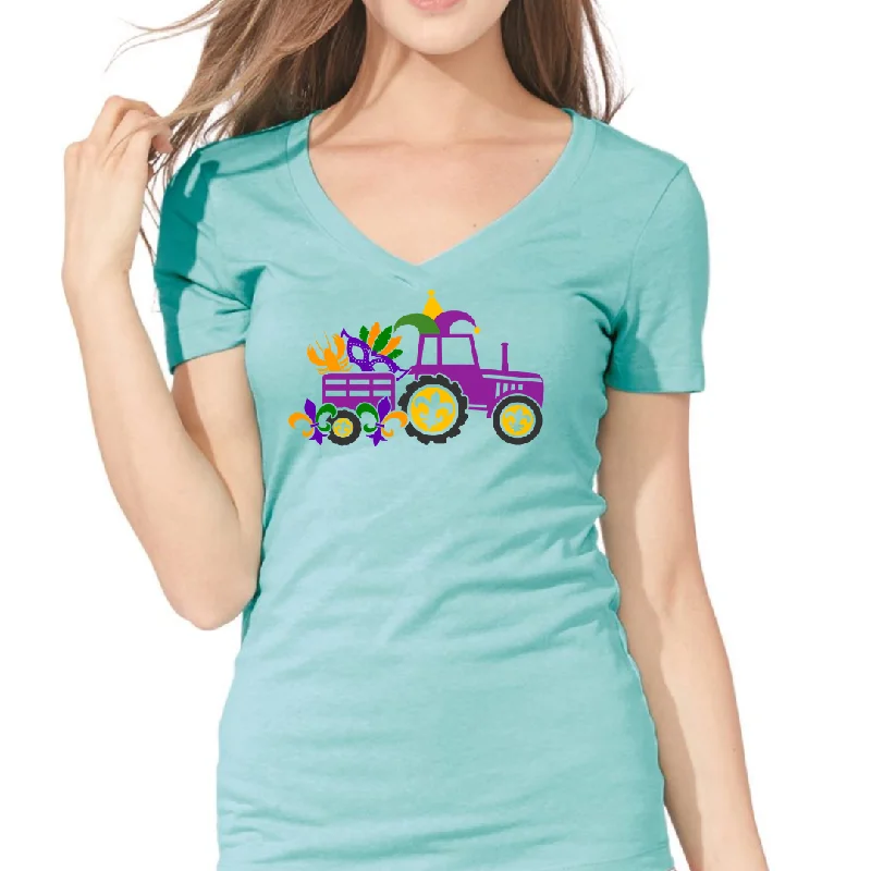 Holiday Truck Mardi Gras themed Women's Ideal V-Neck Tee Real Fur Shearling Chenille