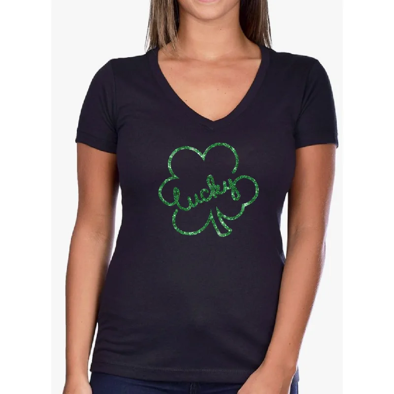 Lucky Clover Leaf St. Patrick's Day themed Women's Ideal V-Neck Tee Basic T-Shirt Crew Neck Short Sleeve