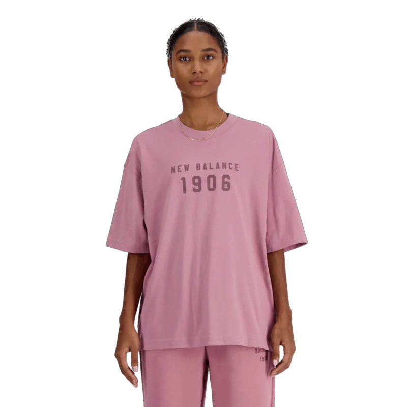 New Balance Women's Iconic Collegiate Jersey Oversized T-Shirt Front Pockets Side Pockets Patch Pockets
