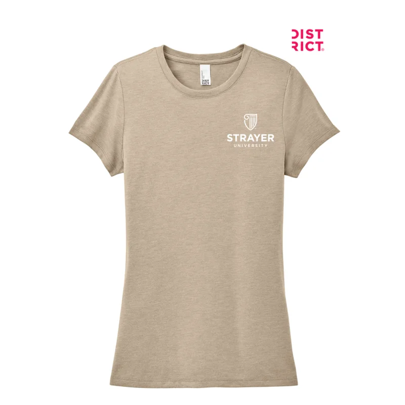 NEW STRAYER District ® Women’s Perfect Tri ® Tee-Desert Tan Heather Mesh Canvas Denim