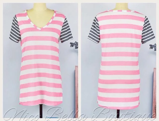 Pink and White Striped V-neck Tee Cashmere Blend Cotton Blend Poly Blend