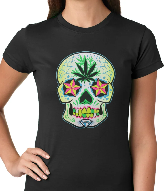 Pot Leaf Sugar Skull Ladies T-shirt Collared Crew Neck Turtle Neck