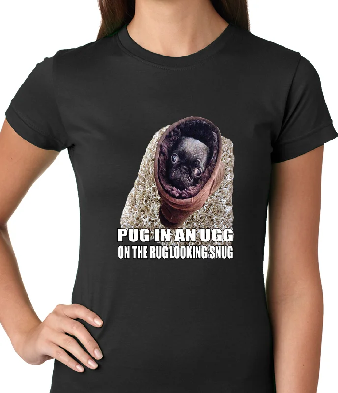 Pug In An Ugg On a Rug Looking Snug Ladies T-shirt Beaded Sequined Faux Fur