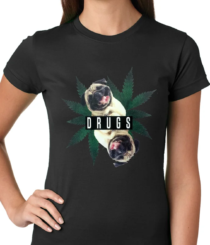 Pugs and Drugs Pot Leaf Ladies T-shirt Zippered Front Buttoned Front Snap Front