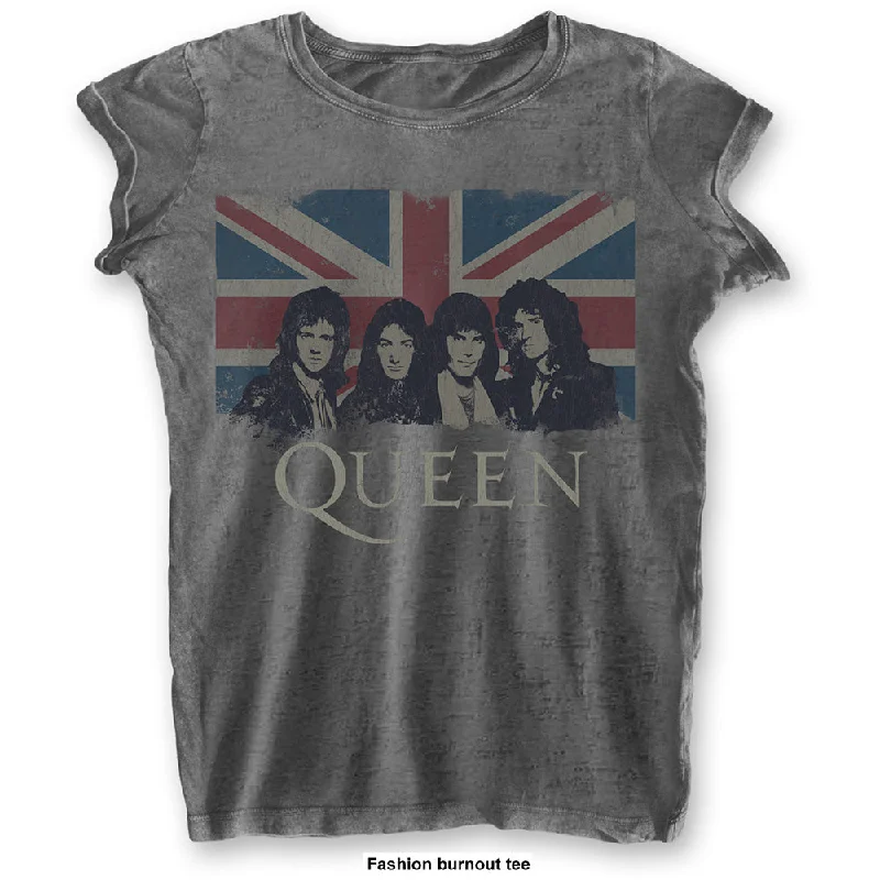 Queen Vintage Union Jack Ladies Burn Out T-Shirt Anti-Shrink Durable Soft