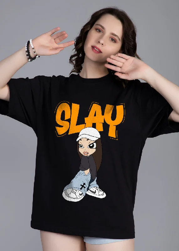 Slay Printed Black Oversized T-shirt Women | Pronk Ribbed Striped Patterned