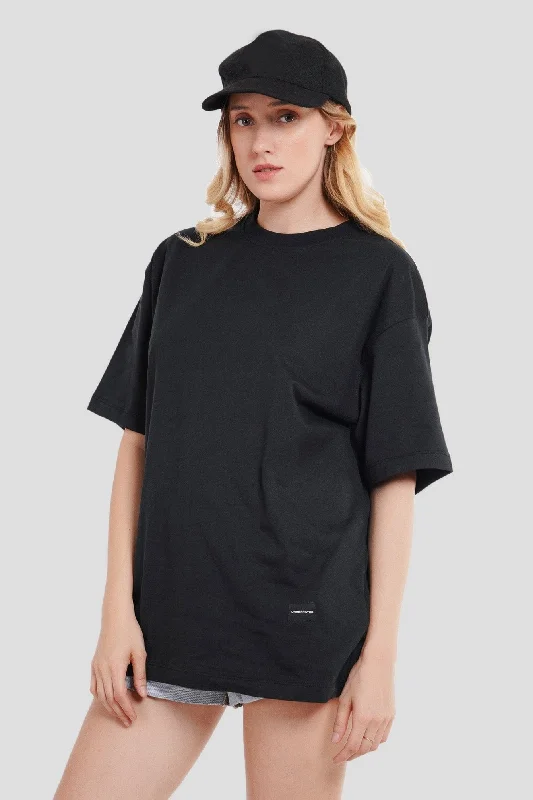 Solid Black Half Sleeves T-Shirt For Women Oversized Fit Ribbed Striped Patterned