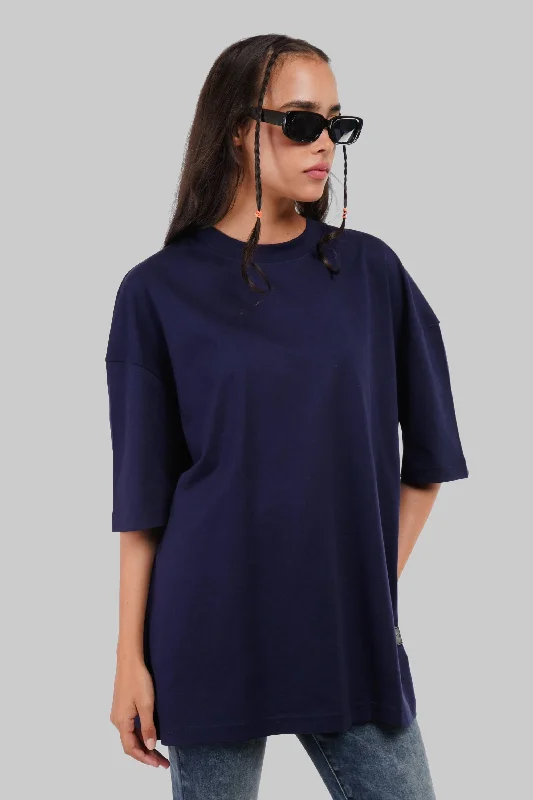 Solid Navy Blue Half Sleeves T-Shirt For Women Baggy Fit Welt Pockets Slit Pockets