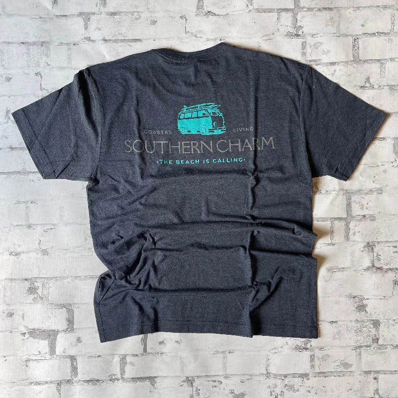 Southern Charm "Coastal Living Van" Short Sleeve T-shirt - Vintage Navy Spandex Blend Rayon Blend Denim Blend